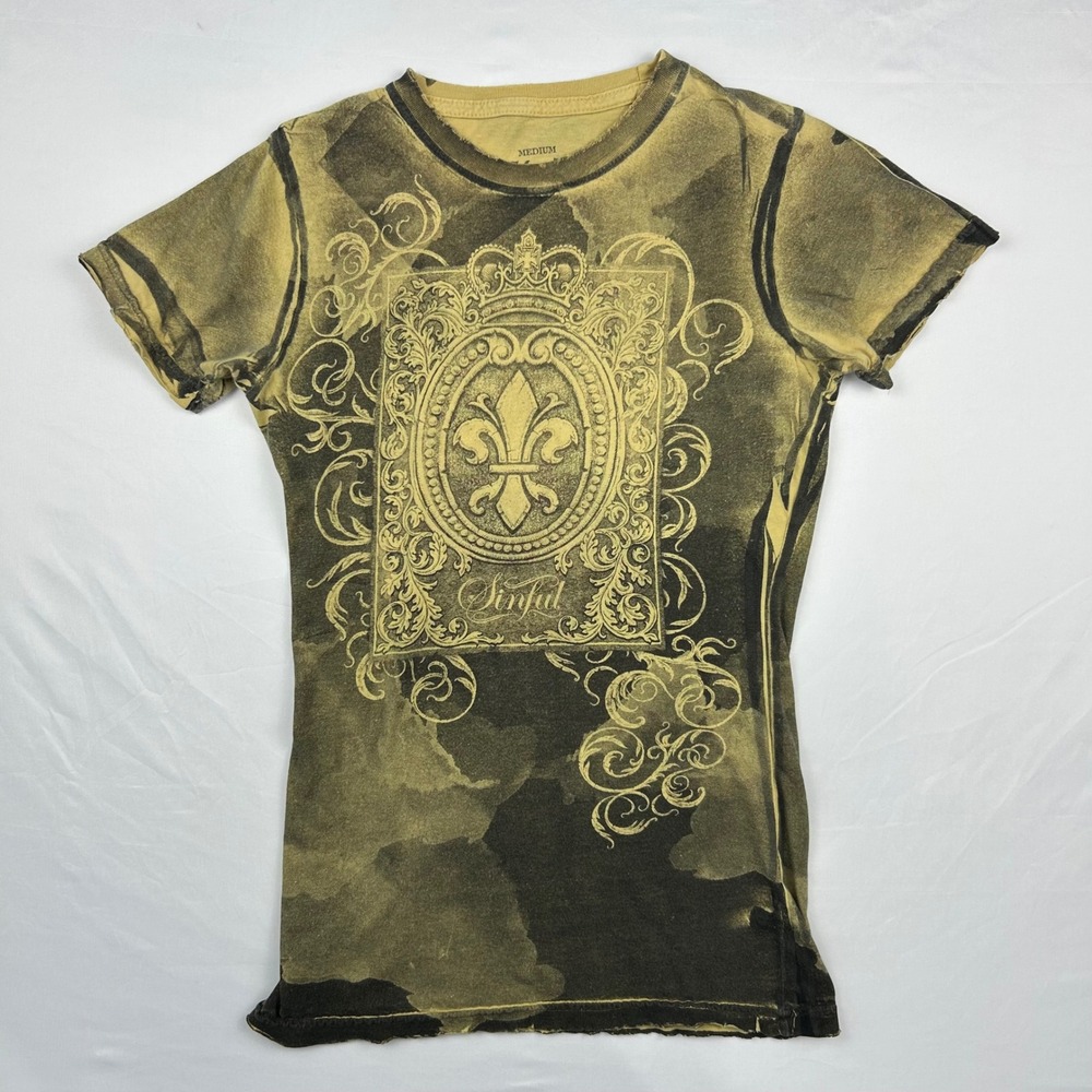 Sinful by Affliction Womens Graphic T-Shirt Medium Green Black Acid Wash Y2K Tee